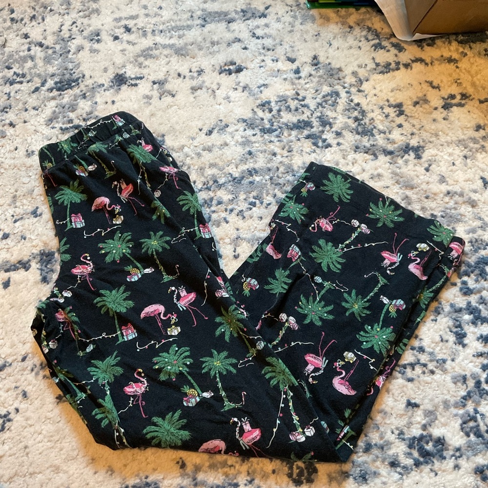 Black and Pink Tropical Pajama Bottoms with Flamingo Print